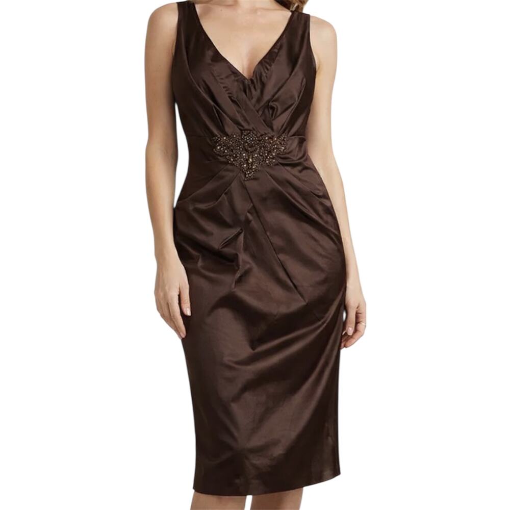David Meister Cocktail Dress Wrap Embellished Gem Brown Sleeveless VNeck 8